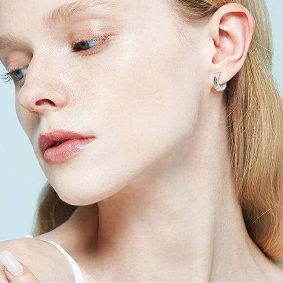 14K White Gold with Multicolored Cubic Zirconia Princess Cut Huggie Earrings - Picture 5 of 5